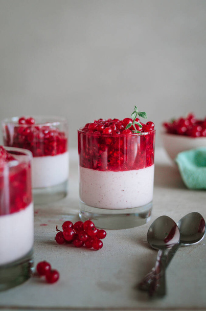 Tasty italian pana cotta with ripe red currant. Fresh healthy dessert in glass with berries and mint. fragrant pannacotta on the table - Foto, imagen