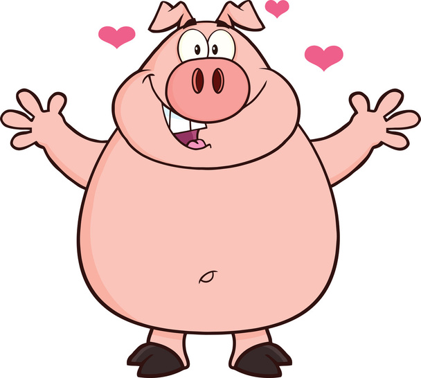 Happy Pig Cartoon Mascot Character Open Arms and Hearts
 - Фото, изображение