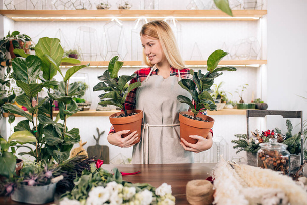 portrait of beauitful florist lady holding plants in pot - Foto, Imagen