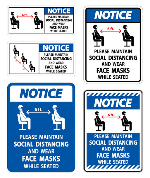 Notice Maintain Social Distancing Wear Face Masks Sign on white background  - Vector, Image