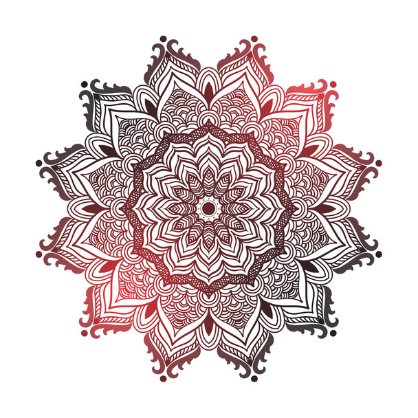 Круглая мандала на белом изолированном фоне с красным блеском. Украшенный цветочный рисунок мандалы, рисунок вручную нарисованный эскиз. Индийский фестиваль, шаблон йоги для медитации. - Вектор,изображение