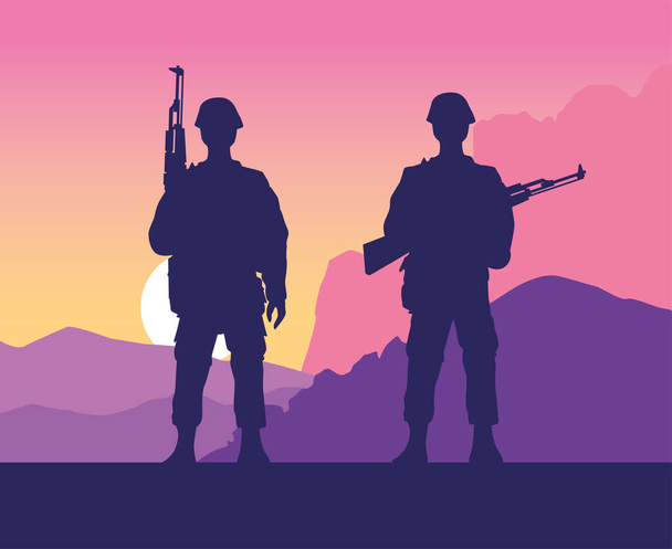 żołnierze figurują sylwetki na scenie zachodu słońca - Wektor, obraz