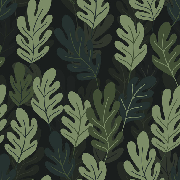 Floral seamless pattern with colorful exotic leaves on dark background. Tropic green branches. Fashion vector stock illustration for wallpaper, posters, card, fabric, textile. - ベクター画像