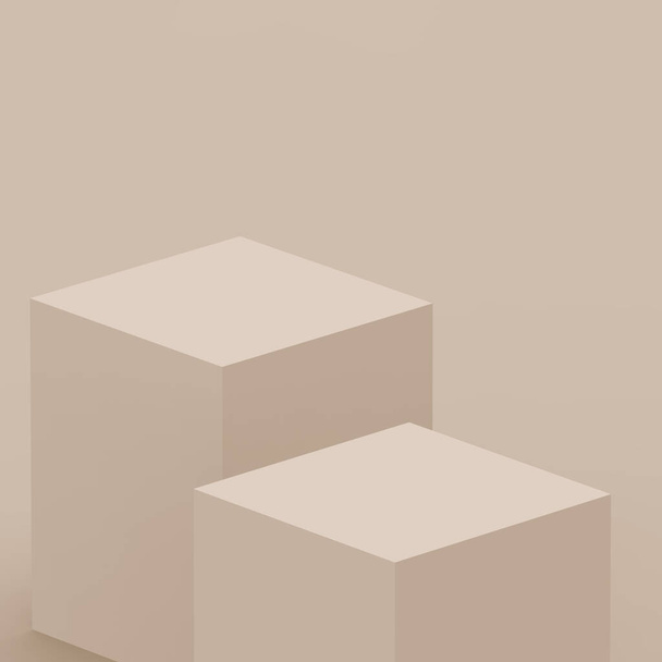 3Dブラウンのクリーミーなキューブとボックスの表彰台最小シーンスタジオの背景。概要3D形状オブジェクトイラストレンダリング。ナチュラルカラートーン. - 写真・画像