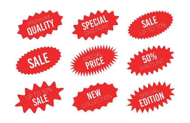 Red sale starburst stiker set - коллекция головокружительных ярлыков и значков с лучшими предложениями и знаками скидок. - Вектор,изображение