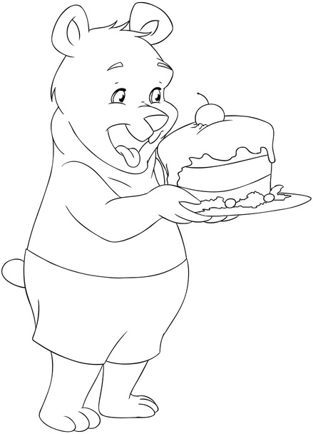 Young Bear Holding A Cake Coloring Page - Vector, Image
