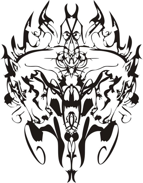 Vlammende lineaire dubbele mustang hoofden symbool. Paardenkoppen in de vorm van vuur voor tatoeages, posters, prints op t-shirts, behang, enz. Zwart-wit - Vector, afbeelding