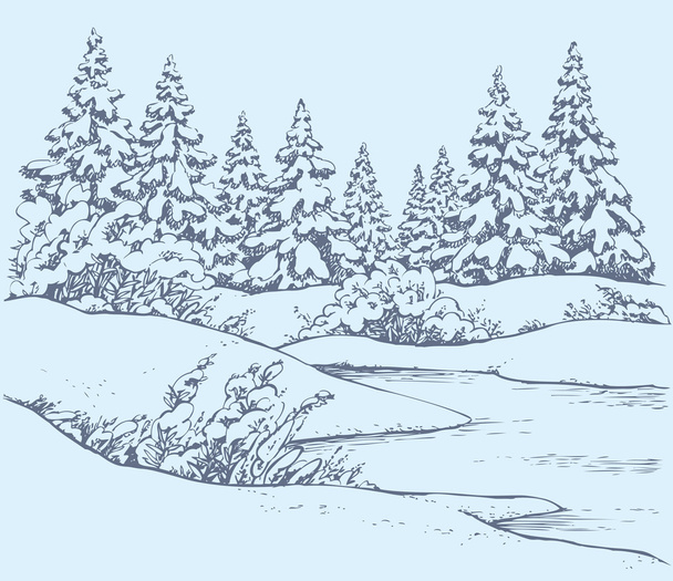 σκίτσο του φορέα. Χειμώνας δάσος τοπίο με παγωμένος ποταμός - Διάνυσμα, εικόνα