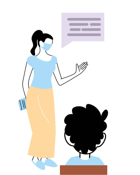 teacher and student in classroom wearing face mask - Vector, Image
