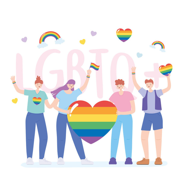 ЛГБТК гомосексуалізм і громадськість протестують проти людей з райдуговим прапором. - Вектор, зображення