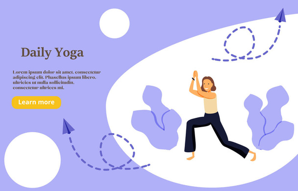 Ilustración de concepto de yoga diario, perfecta para diseño web, banner, aplicación móvil, landing page, ilustración plana vectorial. Mujer joven haciendo ejercicio deportivo en casa. - Vector, imagen