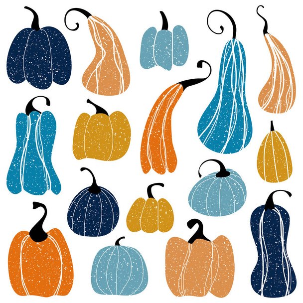Pumpkin set. Blue and orange pumpkins in a simple flat style for design and web. Halloween and harvest festival. Vector illustration. - Vettoriali, immagini