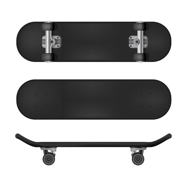 Realistic 3d Detailed Black Blank Skateboard Deck Template Mockup Set. Vector - Διάνυσμα, εικόνα