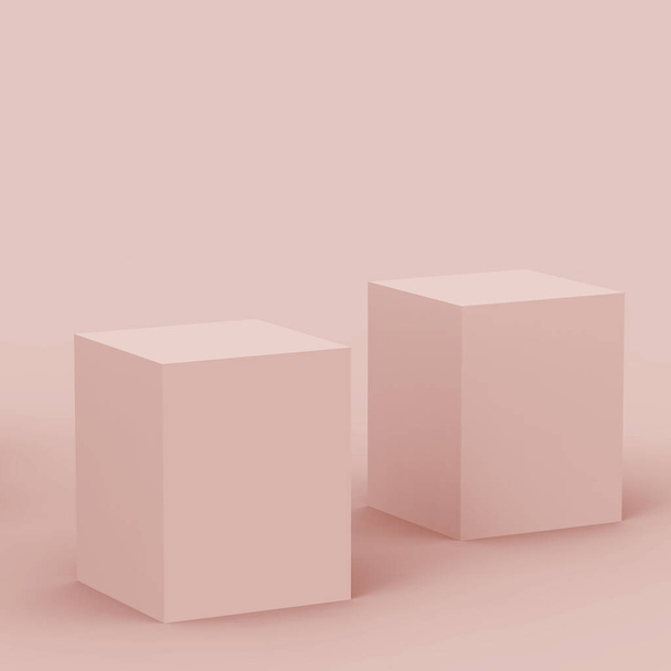 3Dほこりっぽいピンクのキューブとボックス表彰台最小限のシーンスタジオの背景。概要3D形状オブジェクトイラストレンダリング。ナチュラルカラートーン. - 写真・画像
