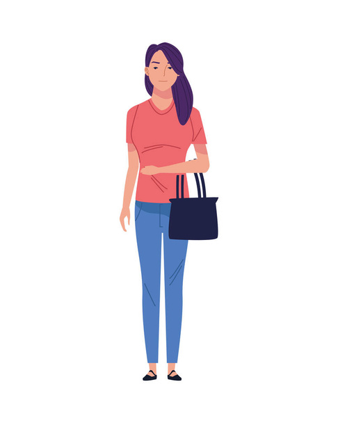 mladá žena ležérní s kabelkou avatar charakter - Vektor, obrázek