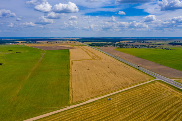 Champs jaunes avec blé, champs verts avec herbe et ciel bleu de la République de Biélorussie. - Photo, image