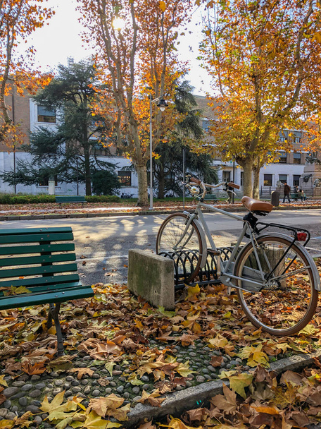 Uma bicicleta estacionada por estrada em uma cidade durante o outono
 - Foto, Imagem