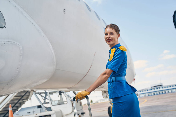 Ausgelassene elegante Stewardess, die in die Kamera lächelt - Foto, Bild