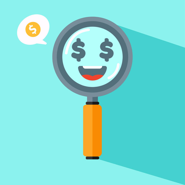 Cute Magnifying Glass Vector Icon Illustration. Searching Items with Smile Face In Magnifying Glass White Isolated. Flat Cartoon Style Suitable for Web Landing Page, Banner, Flyer, Background - Vector, Image