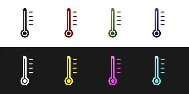 Nastavit meteorologický teploměr měřící ikonu izolované na černobílém pozadí. Teploměr ukazuje teplé nebo studené počasí. Vektorová ilustrace. - Vektor, obrázek