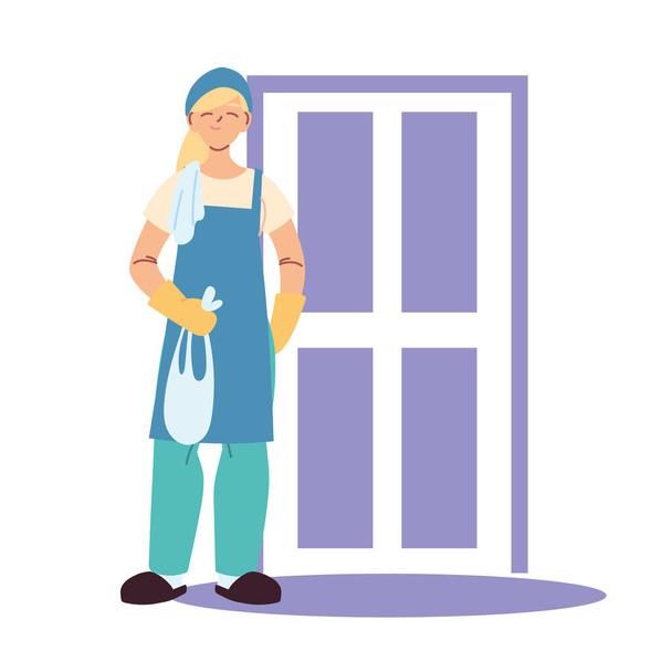 donna delle pulizie che fa lavori di pulizia della casa - Vettoriali, immagini