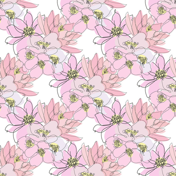 Elegant seamless pattern with lotus, anemone and jasmine, design elements. Floral  pattern for invitations, cards, print, gift wrap, manufacturing, textile, fabric, wallpapers. Continuous line art style - Вектор,изображение