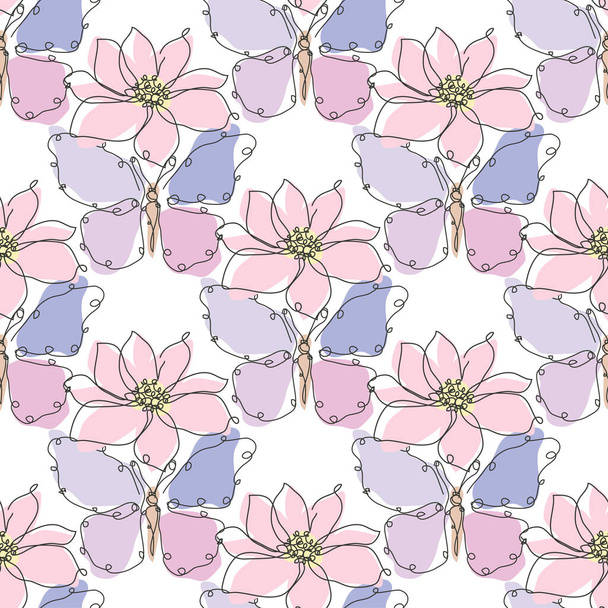 Elegant seamless pattern with butterfly and anemones, design elements. Floral  pattern for invitations, cards, print, gift wrap, manufacturing, textile, fabric, wallpapers. Continuous line art style - Вектор,изображение