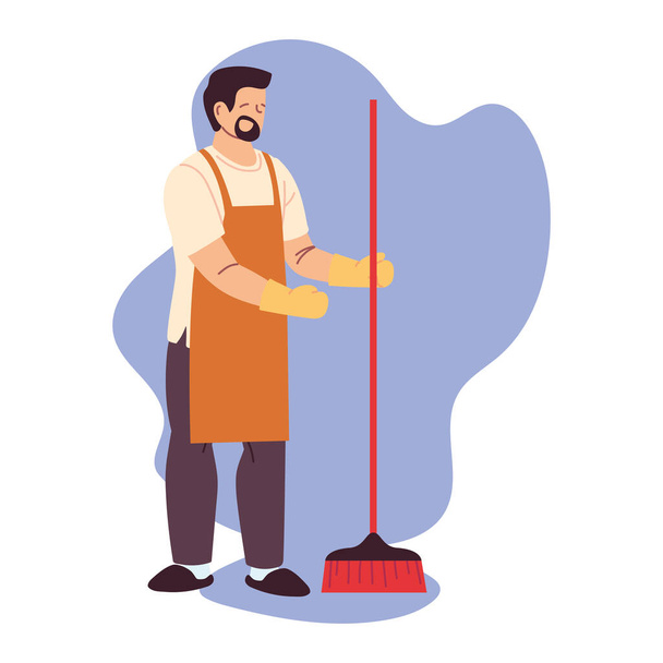καθαριστής άνθρωπος με γάντια και σκεύη καθαρισμού - Διάνυσμα, εικόνα