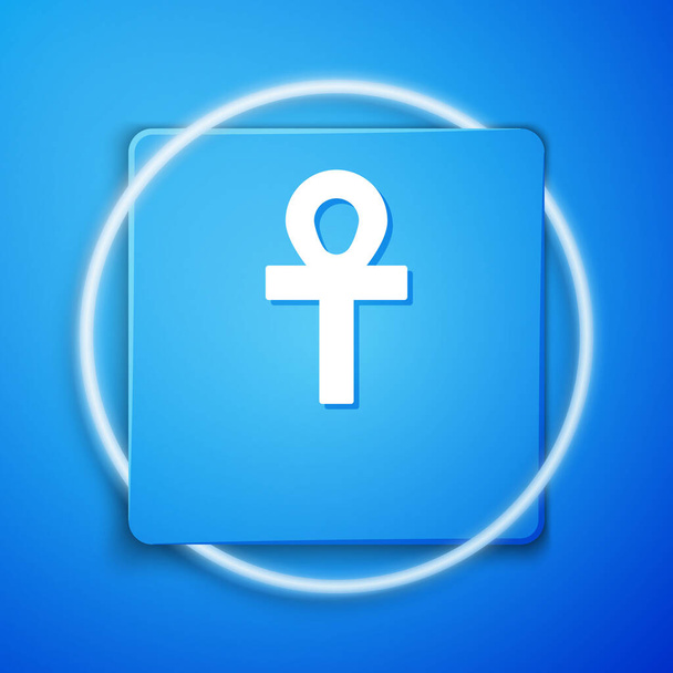 Weißes Kreuz ankh Symbol isoliert auf blauem Hintergrund. Blauer quadratischer Knopf. Vektorillustration. - Vektor, Bild