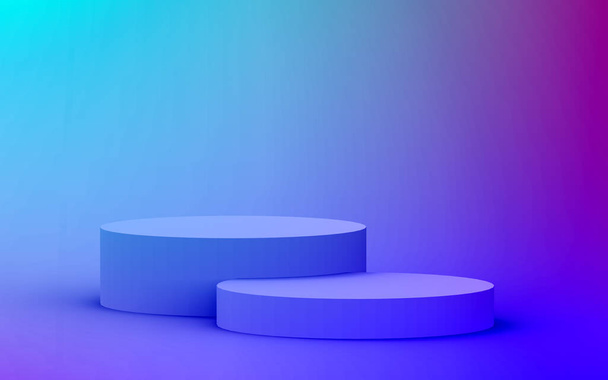3d fioletowy niebieski neon lekki cylinder podium minimalne gradientowe studio ciemne kolory tła. Abstrakcyjny 3d geometryczny kształt obiektu ilustracji renderowania. Wyświetlacz na imprezę klubową i produkt technologiczny. - Zdjęcie, obraz