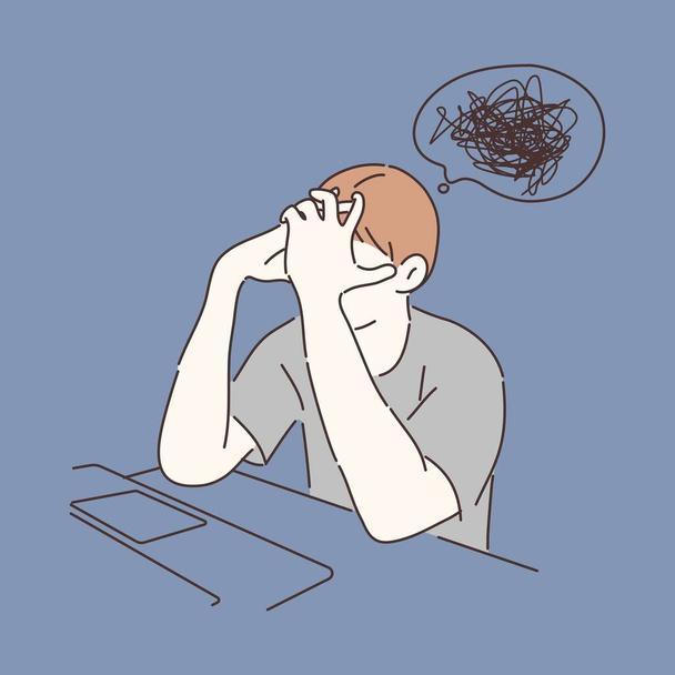 Sad man hiding his face in despair in front of laptop. Confusion, mental disorder, depression concept. Hand drawn character style vector. - Vector, Image