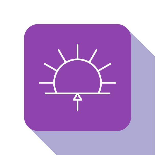 Ligne blanche Icône Sunrise isolée sur fond blanc. Bouton carré violet. Illustration vectorielle. - Vecteur, image