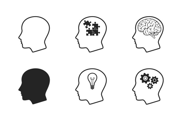 человеческий набор икон головы. умственный процесс, творческое мышление, интеллект, мозговой штурм, умственная работа, и бизнес-решения символ. символы веб-дизайна и инфографические элементы - Вектор,изображение