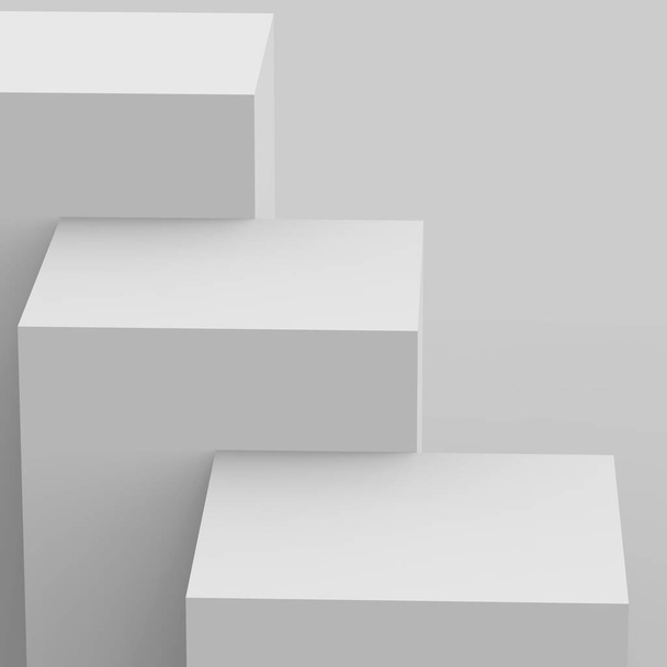 3Dグレーの白いステージの表彰台シーン最小限のスタジオの背景。概要3D形状オブジェクトイラストレンダリング。オンラインビジネス製品の表示. - 写真・画像