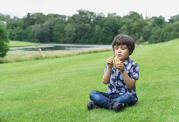 Głodny chłopiec jedzący domowe kanapki z chlebem z mieszanymi warzywami, dziecko siedzące na zielonej trawie jedzące piknik w parku. Wakacje letnie w obozie - Zdjęcie, obraz