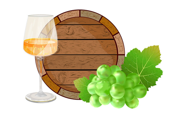 Tynnyri, viini ja rypäleet eristetty valkoisella pohjalla. Puinen viinitynnyri, valkoinen kuiva viinilasi ja vihreä nippu rypäleen etiketti, banneri, juliste, logo tai tunnus suunnittelu. Viinitilan kyltti. Varastojen vektorien havainnollistaminen - Vektori, kuva