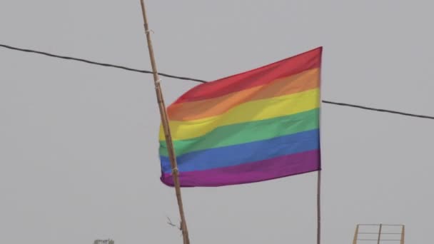 Πραγματική σημαία ουράνιο τόξο, ΛΟΑΤ σημαία υπερηφάνειας ή γκέι σημαία υπερηφάνειας κυματίζει στον άνεμο μια καλοκαιρινή ημέρα - Πλάνα, βίντεο