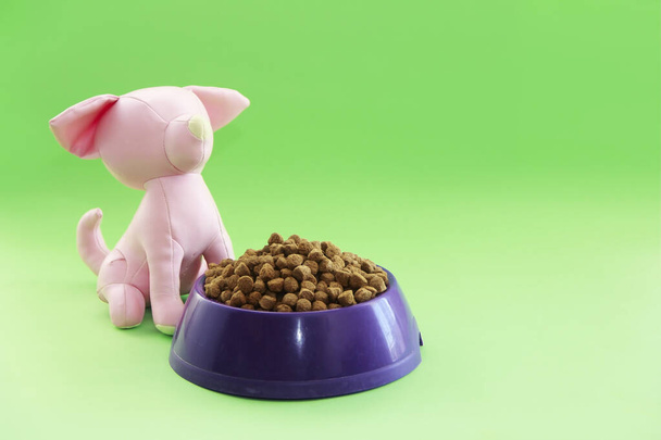 száraz kutyaeledel tányéron és gyermekrózsaszín játékkutya - Fotó, kép