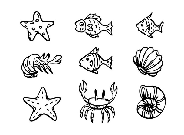 vettore, creature marine line art, pesce, granchi, stelle marine - Vettoriali, immagini