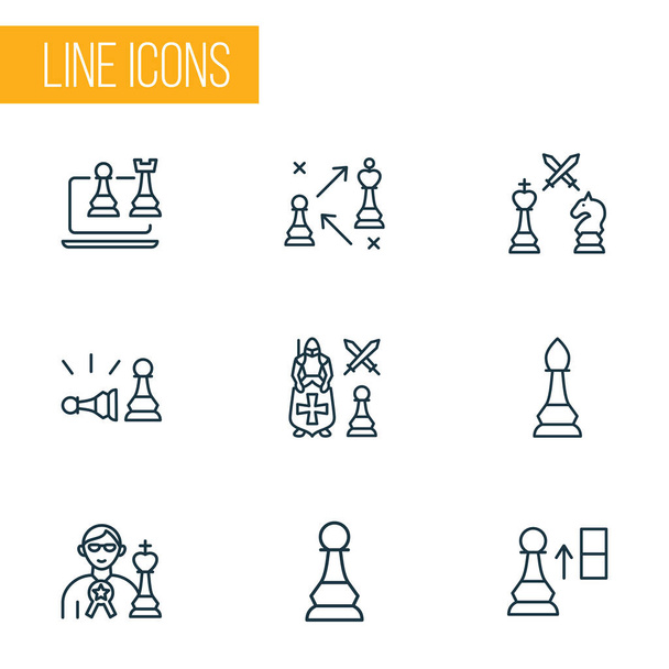 Hobby ikonok vonal stílus beállítva online sakk, taktikai, gyalog veri gyalog és más lovag ellen zálog elemek. Elszigetelt illusztráció hobbi ikonok. - Fotó, kép