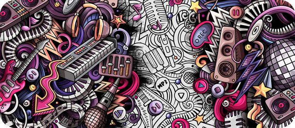 Disco Music desenhado à mão doodle banner. Folheto detalhado dos desenhos animados
. - Foto, Imagem
