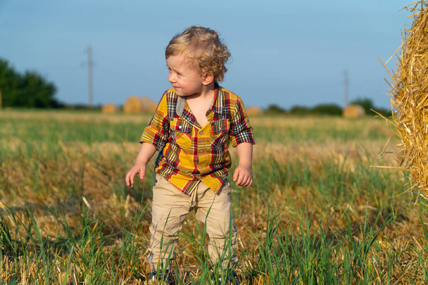 Little fair-haired boy playing on a wheat field with bales - Fotografie, Obrázek
