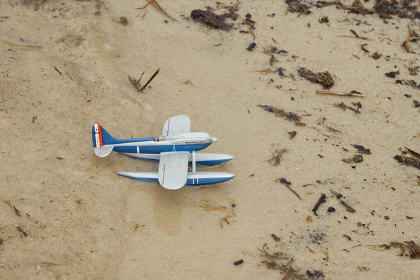 スケールモデル飛行機。湖の海岸近くの水の表面に水上機。コピースペース。おもちゃ. - 写真・画像