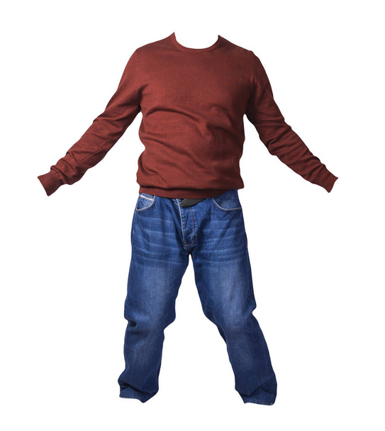 men's dark red sweater and blue jeans isolated on white background.casual clothing - Фото, изображение