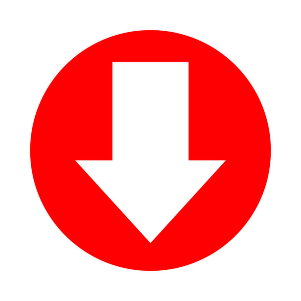 flecha apuntando hacia abajo blanco en el círculo rojo para el icono plano aislado en blanco, círculo con flecha para la aplicación de interfaz de botón, signo de flecha de la siguiente o descargar concepto de carga, flecha símbolo simple para la dirección - Vector, imagen