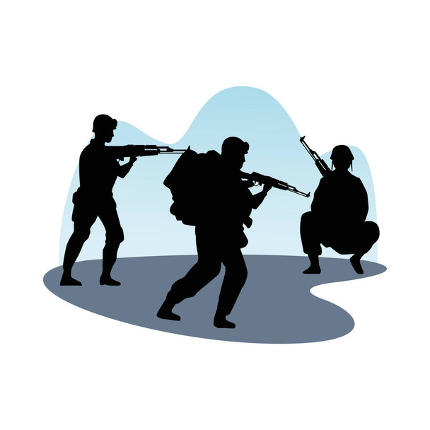 Военные силуэты трех солдат - Вектор,изображение