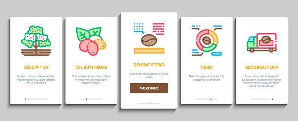 Coffee Production Onboarding Mobile App Page Screen Vector. Coffee Production Factory And Conveyor, Roasted Beans And Tree, Truck Delivery And Package Illustrations - Vettoriali, immagini