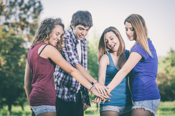 Grupo de Adolescentes com Mãos na Pilha
 - Foto, Imagem