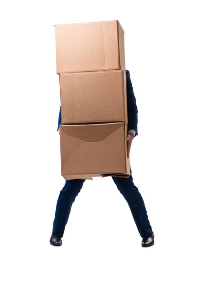 Mladý muž zaměstnanec s krabicemi izolované na bílém - Fotografie, Obrázek