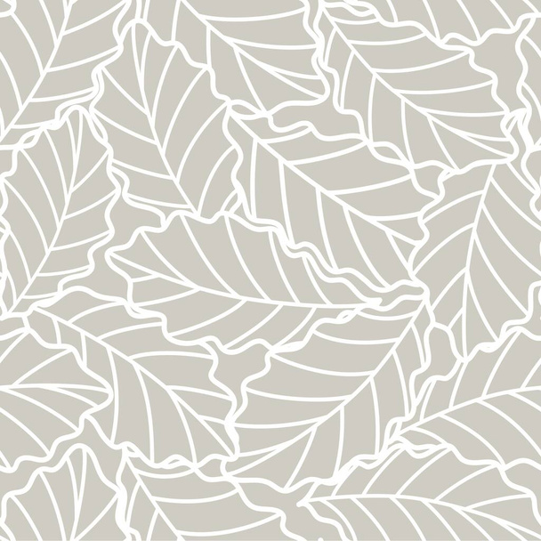 naadloze grijze abstracte achtergrond met witte eiken bladeren getrokken door dunne lijnen - Vector, afbeelding